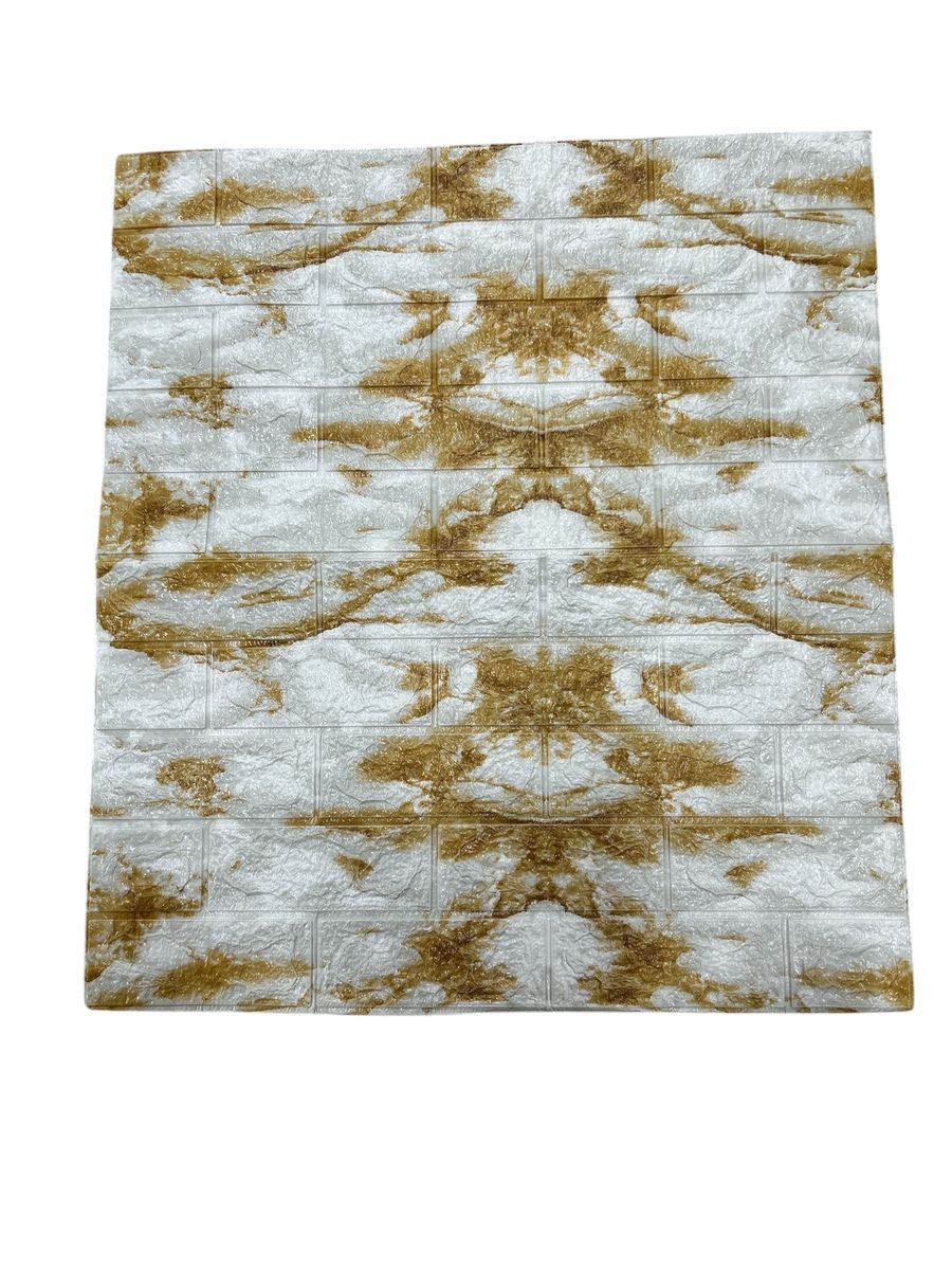 Tapet decorativ 3D autoadeziv – model cărămidă, alb cu accente aurii, 70x77 cm