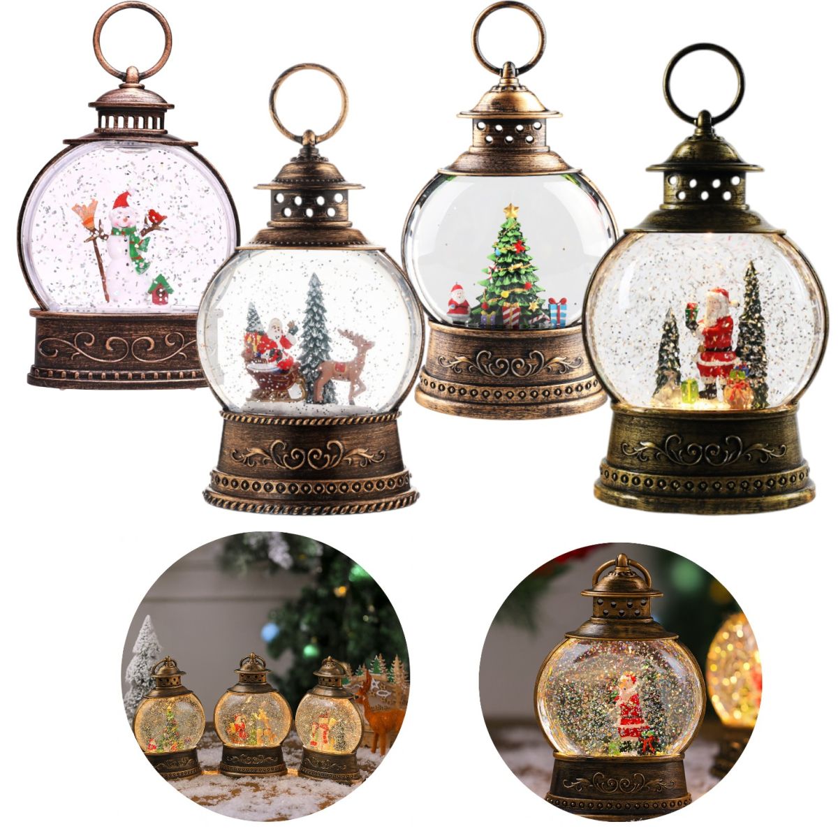 Globuri cu Zăpadă 12x9cm Model Felinar cu Figurine de Crăciun, Sclipici și Lumină LED Engros