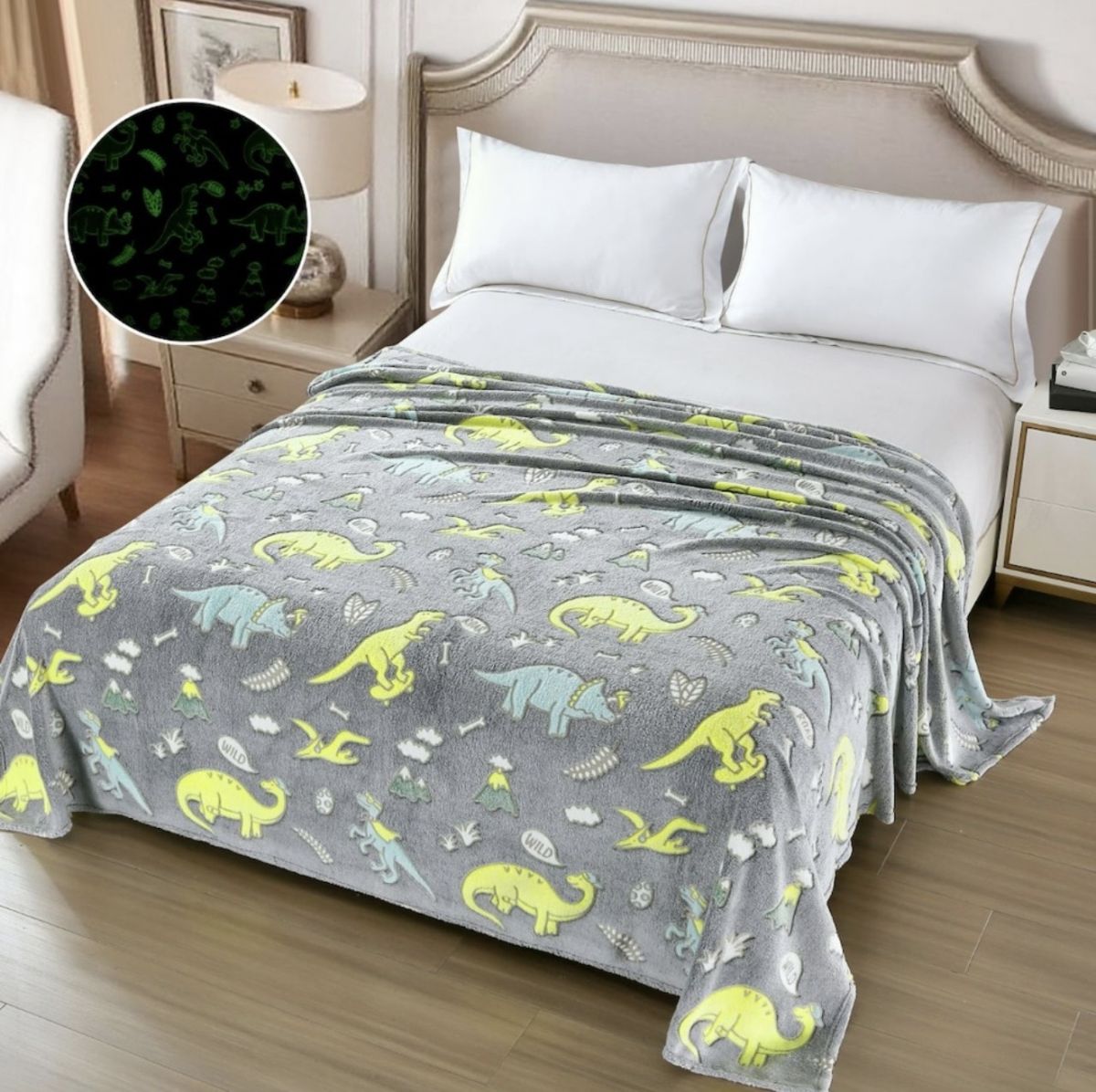 Patura COCOLINO XXL Fosforescenta 200x230 cm cu Dinozauri – Super Pufoasa si Amuzanta