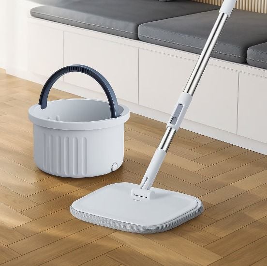 Mop Rotativ, Galeata 3.5L cu Separare Apa Curata/Murdara, Tija din Otel Inoxidabil, Microfibra, Curatare Umeda/Uscata, Perie Inclusa, Alb