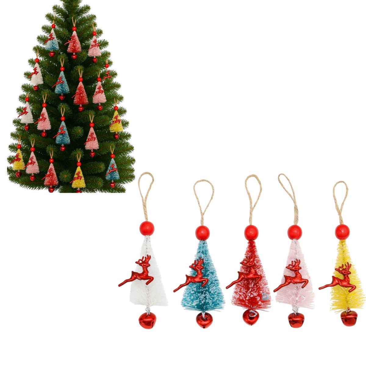 Globulețe Brad 5/set, Model Brăduț cu Ren și Clopoțel 11cm, Diferite Culori cu Sclipici Engros