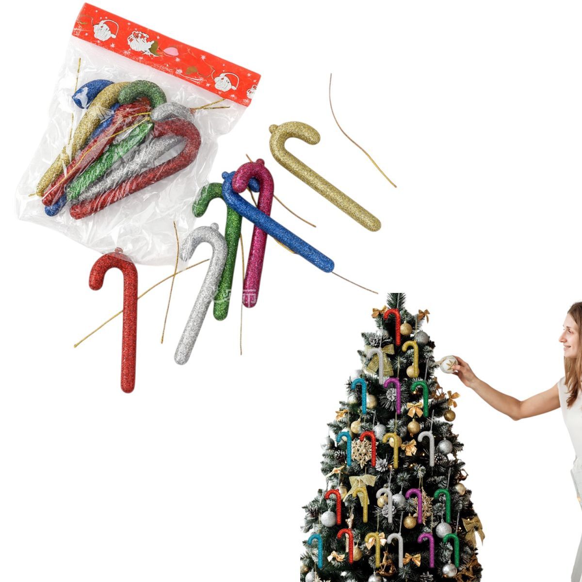 Ornamente pentru Brad 6/set, Bastoane Acadea 11cm din Plastic cu Sclipici Multicolor Engros