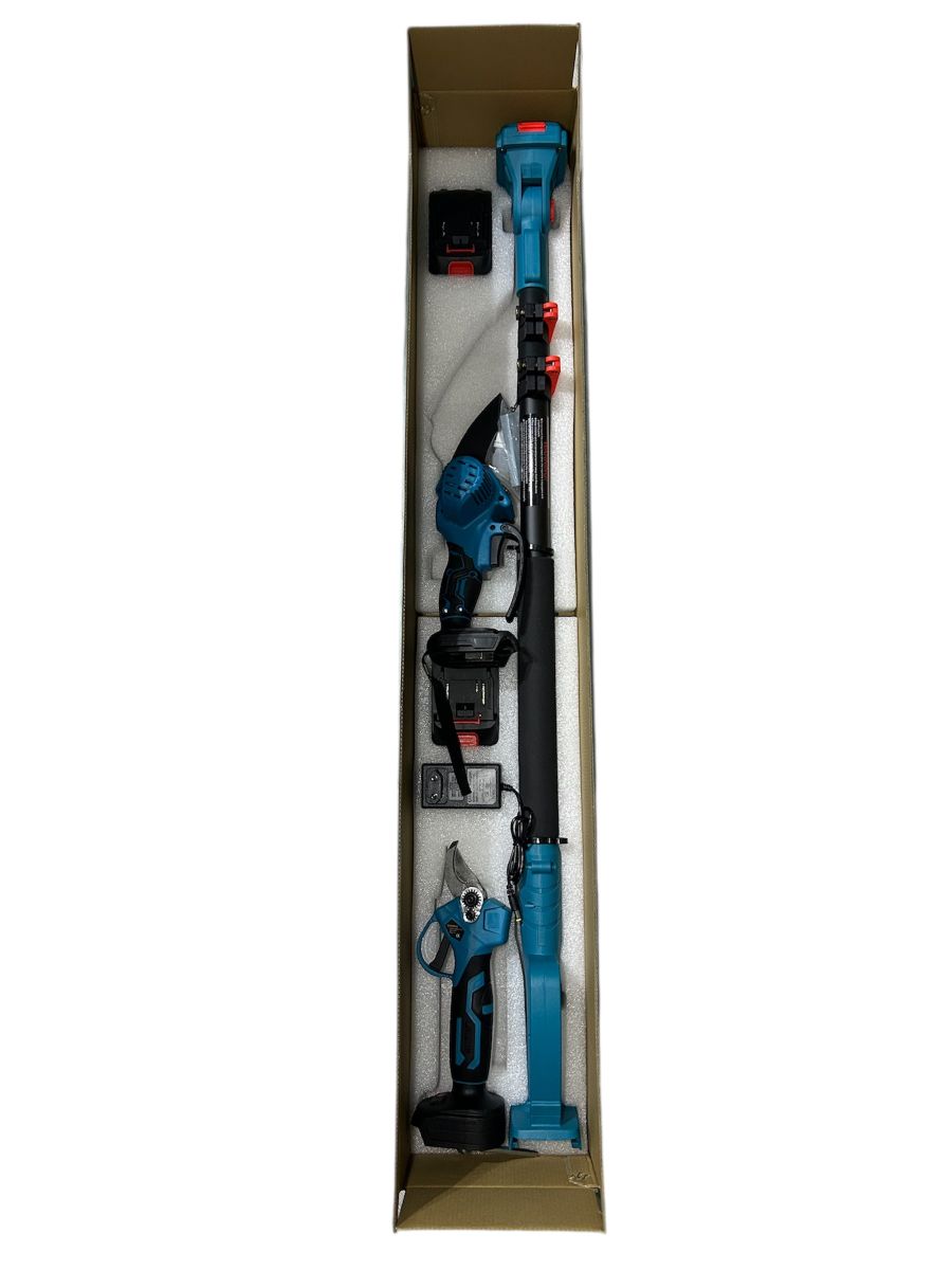 Set Foarfecă Electrică + Fierăstrău cu Braț Telescopic-Engros 48V, 2 Acumulatori Li-Ion, Tăiere Crengi și Pomii