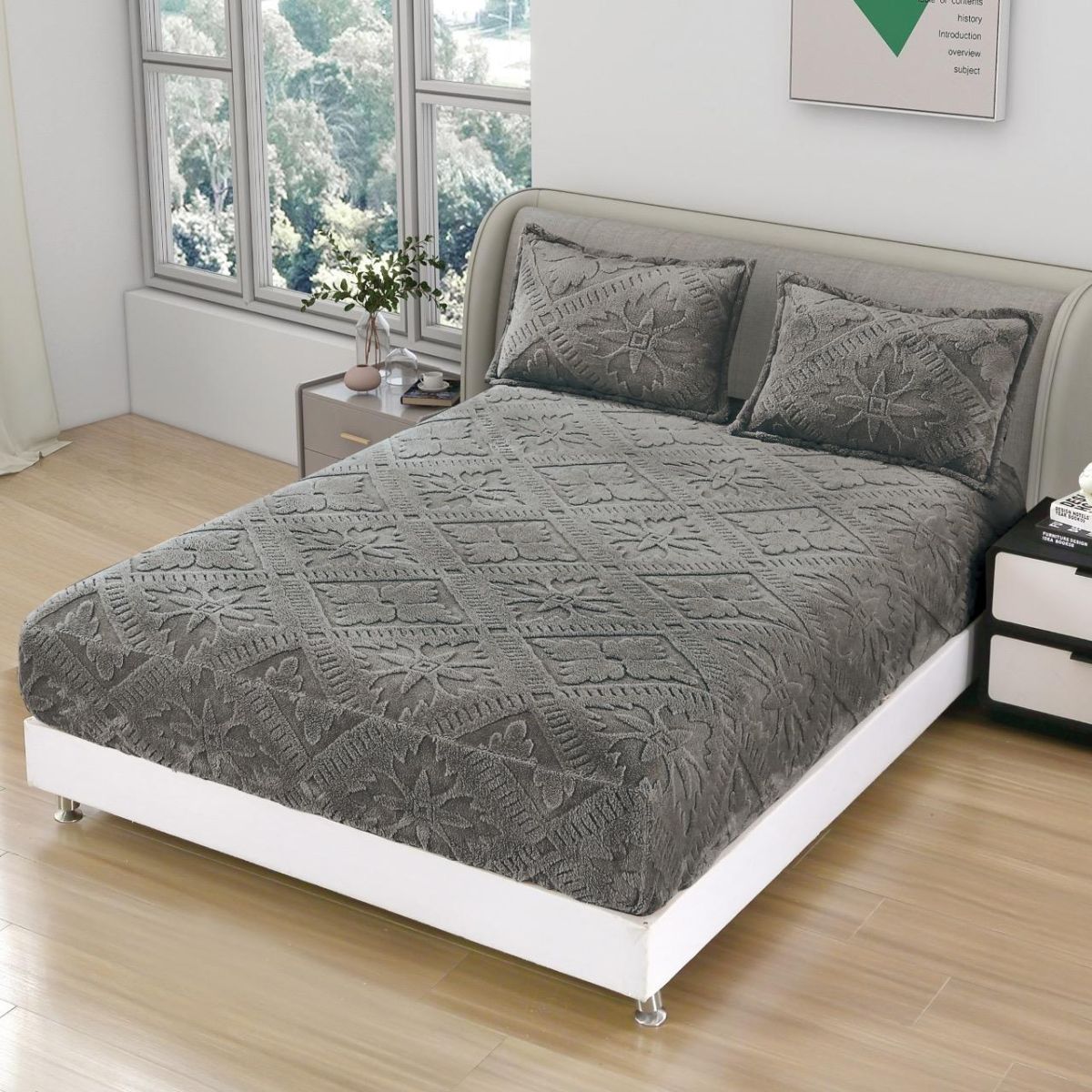 Husă Cocolino En-Gros, Gri Inchis, Material Premium, 180x200 cm, Model Luxos cu Imprimeu 3D, Extra Moale și Calduroasă, Ideală pentru Iarnă
