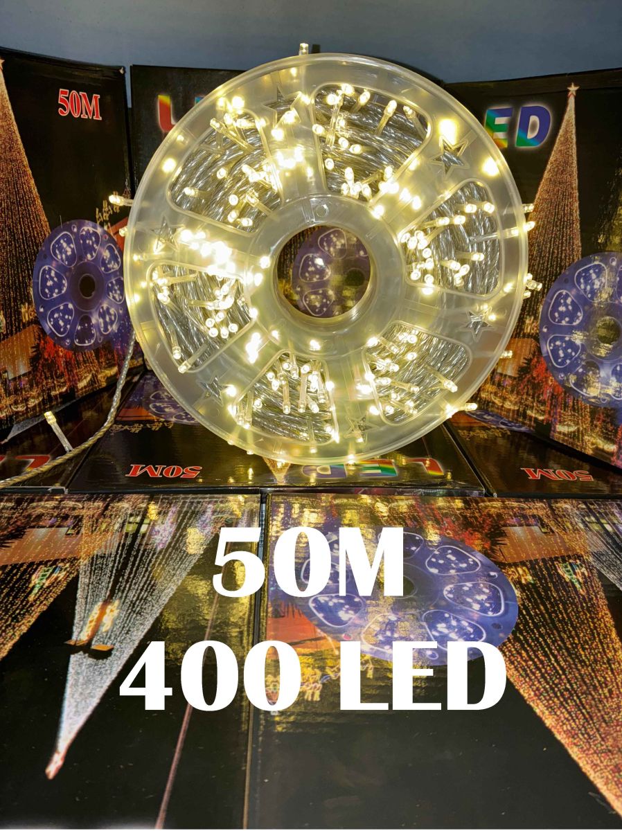 Instalatie de Craciun Engros , tip rola 50M (real) , 400 leduri rotunde , led-uri model V5 , 8 Jocuri de Lumini , culoare alb cald , interior si exterior