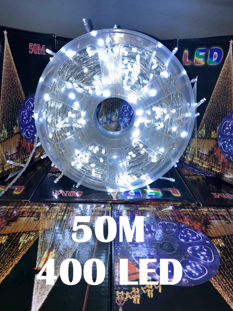 Instalatie de Craciun Engros , tip rola 50M (real) , 400 leduri rotunde , led-uri model V5 , 8 Jocuri de Lumini , culoare alb rece , interior si exterior