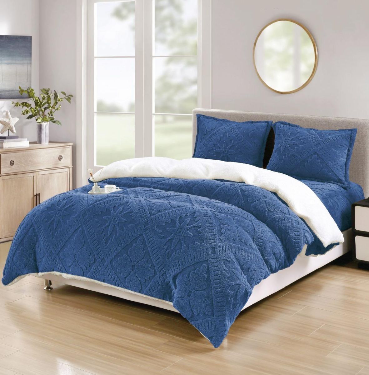 Lenjerii Cocolino En-Gros, Albastru, 4 Piese, cu Blanita, Cearceaf de Pat cu Elastic, 180x200cm,Confort Termic Superior, Material Moale și Durabil, Imprimat 3D Elegant