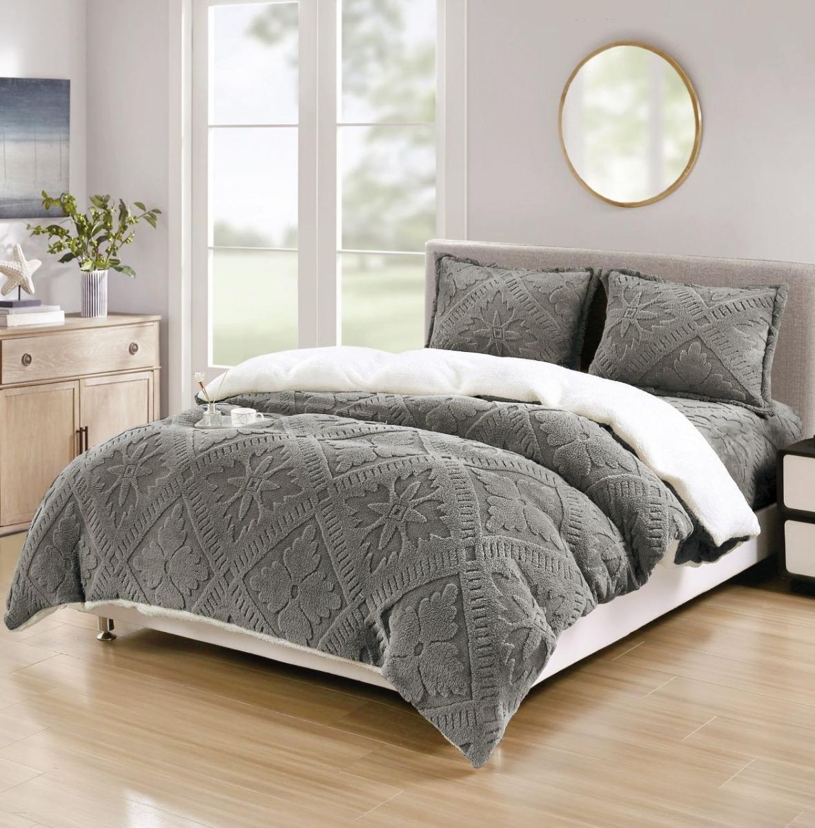 Lenjerii Cocolino En-Gros, Gri Inchis, 4 Piese, cu Blanita, Cearceaf de Pat cu Elastic, 180x200cm,Confort Termic Superior, Material Moale și Durabil, Imprimat 3D Elegant