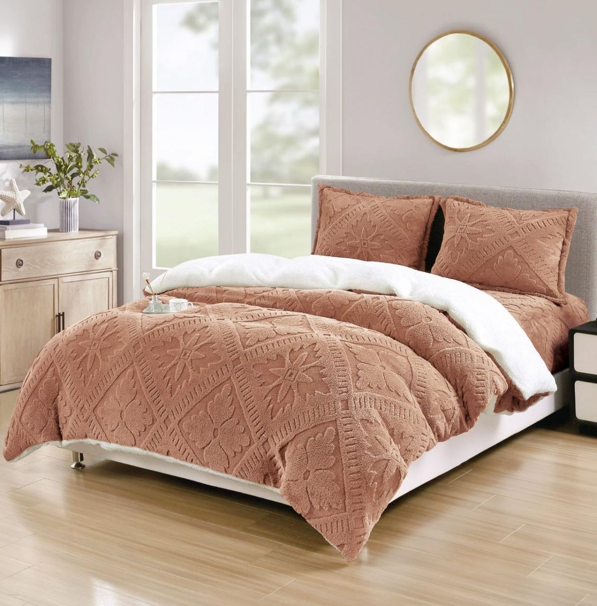 Lenjerii Cocolino En-Gros, Maro Deschis, 4 Piese, cu Blanita, Cearceaf de Pat cu Elastic, 180x200cm,Confort Termic Superior, Material Moale și Durabil, Imprimat 3D Elegant