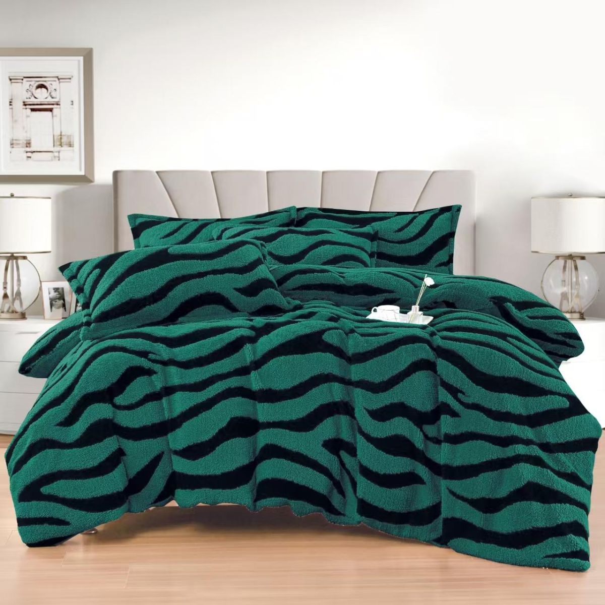 Lenjerii Tigrate En-Gros, Verde, 4 Kg, Material Cocolino Premium, Cearceaf de Pat cu Elastic 180x200cm, cu 2 Fete de Perna 55x80cm Incluse