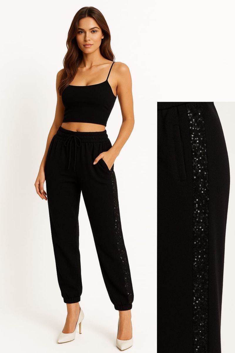 Pantaloni casual cu dunga laterala cu paiete, cod 6217, en-gross