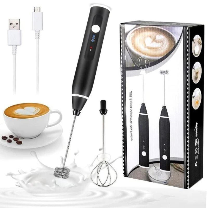 Mixer spumator de lapte cu 3 Inlocuiri de cap agitator, engross, Reglabil in 3 viteze, pentru a face spuma de lapte, amestecare oua, Inox, Negru