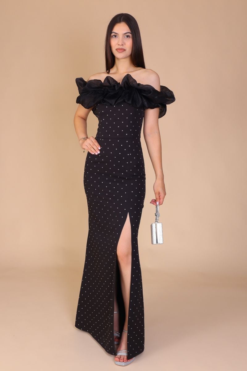 Rochie HANNAH, Lunga, cu Strasuri Argintii si Guler din Organza