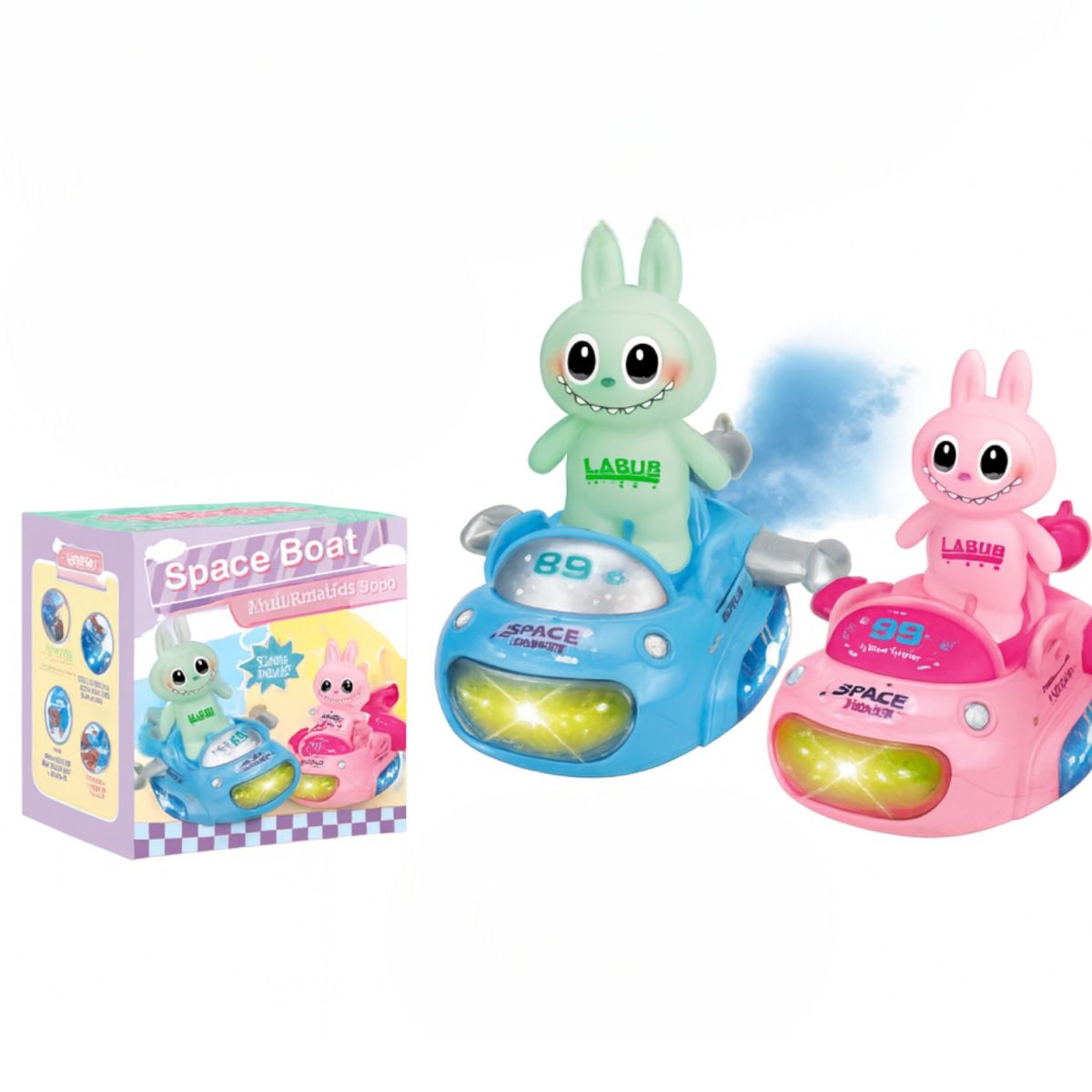 Jucărie Interactivă Labubu 16cm, cu Barca 18x13cm cu Spray, Lumină și Sunete, Diferite Culori Engros