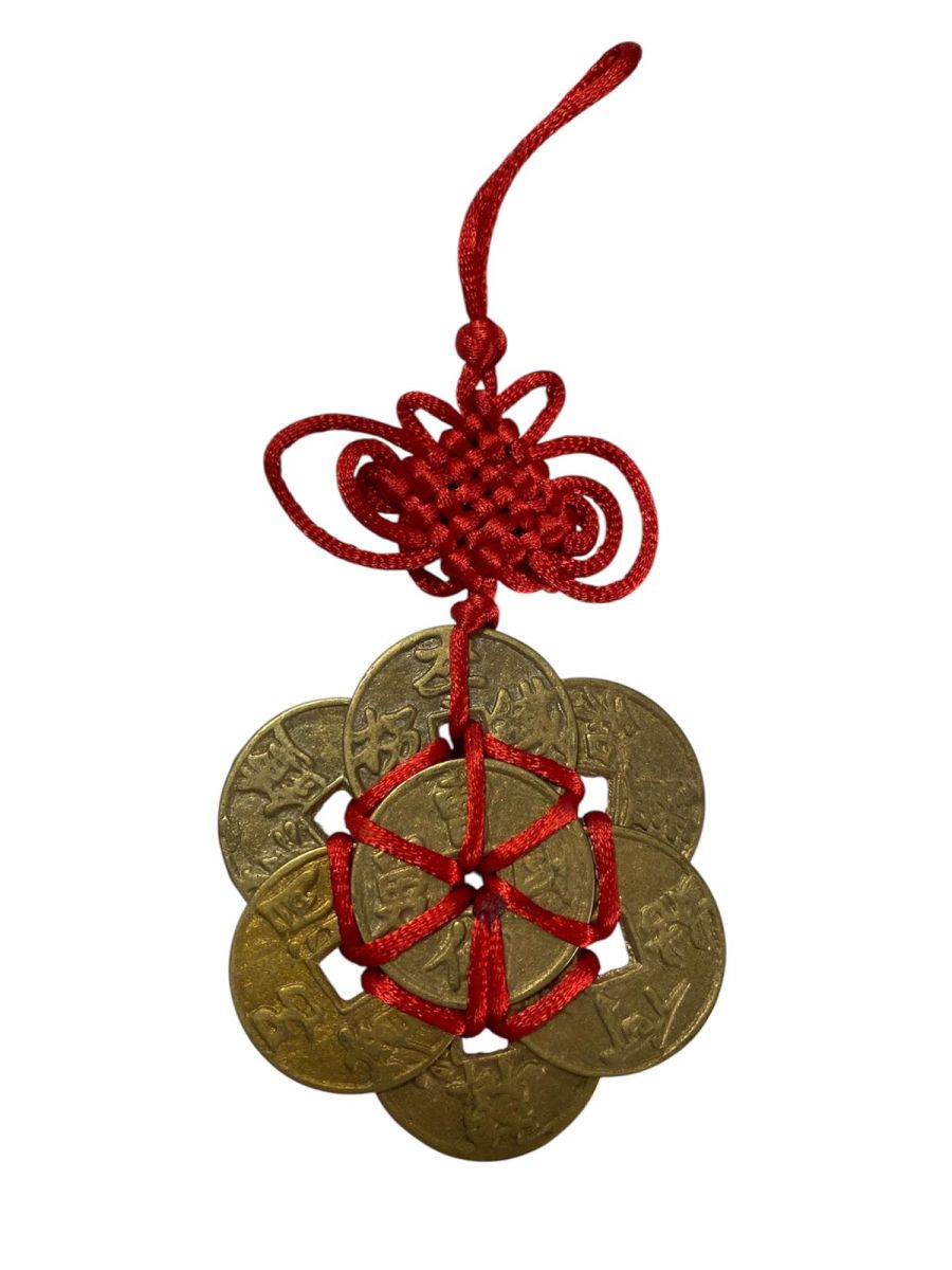 Amuleta canaf Feng Shui cu 8 monede si nod mistic