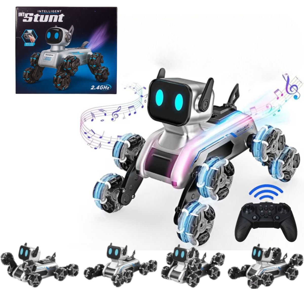 Cățel Robot Interactiv 19x15x16cm, cu 8 Roti Omni-Direcționale, Mișcări Acrobație, Lumină și Muzică, Control prin Telecomandă, Baterie Durabilă și Ecran LED Animat cu Efect Spray Diferite Culori Engros