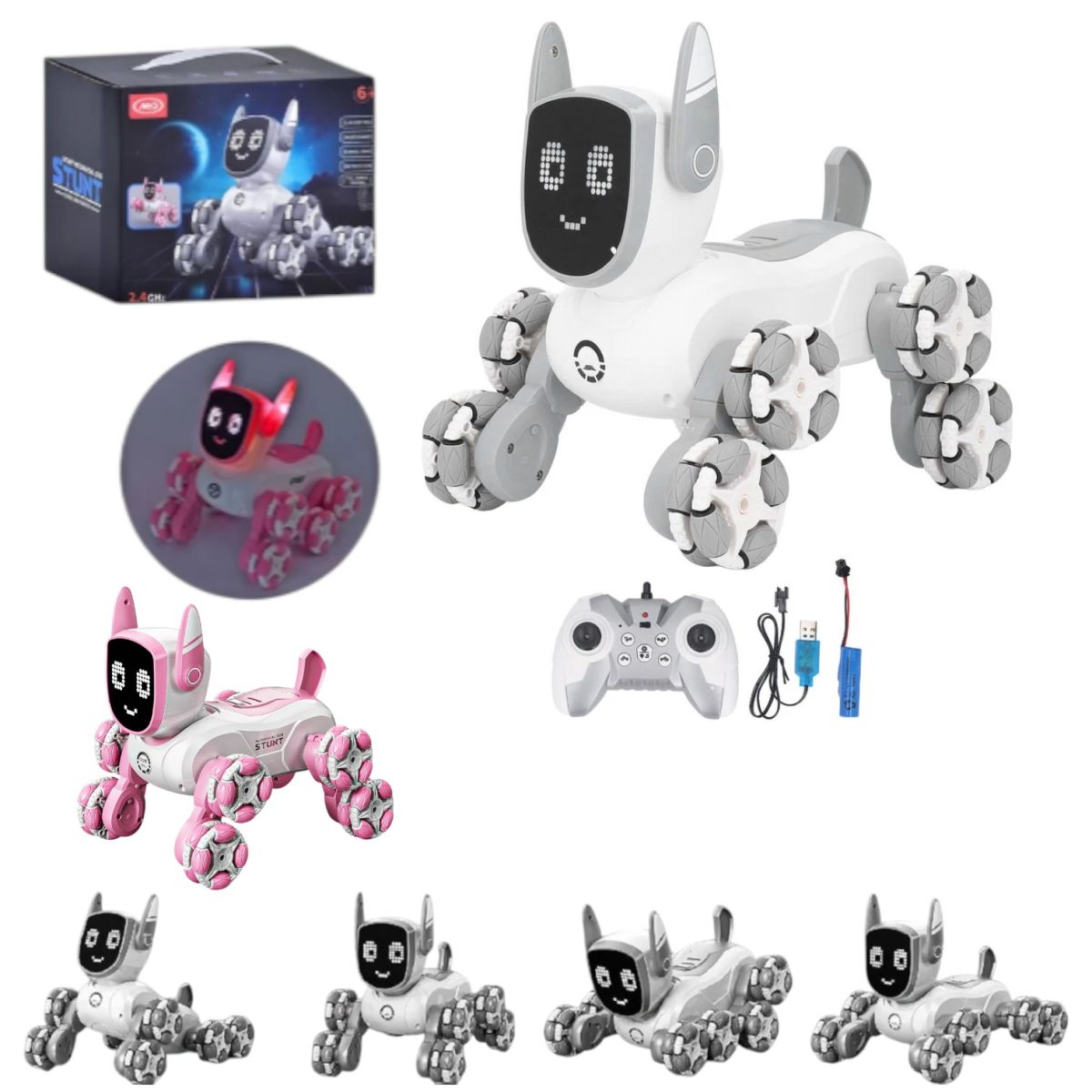 Cățel Robot Interactiv 19x15x16cm, cu 8 Roti Omni-Direcționale, Mișcări Acrobație, Lumină și Muzică, Control prin Telecomandă, Baterie Durabilă și Ecran LED Animat, Diferite Culori Engros