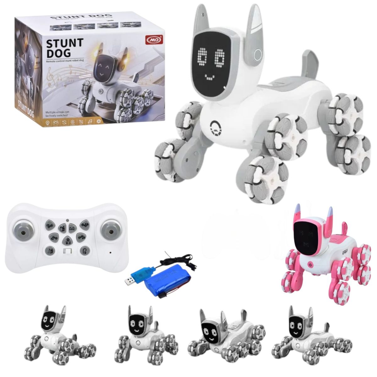 Cățel Robot Interactiv 35x25cm, cu 8 Roti Omni-Direcționale, Mișcări Acrobație, Lumină și Muzică, Control prin Telecomandă, Baterie Durabilă și Ecran LED Animat, Diferite Culori Engros