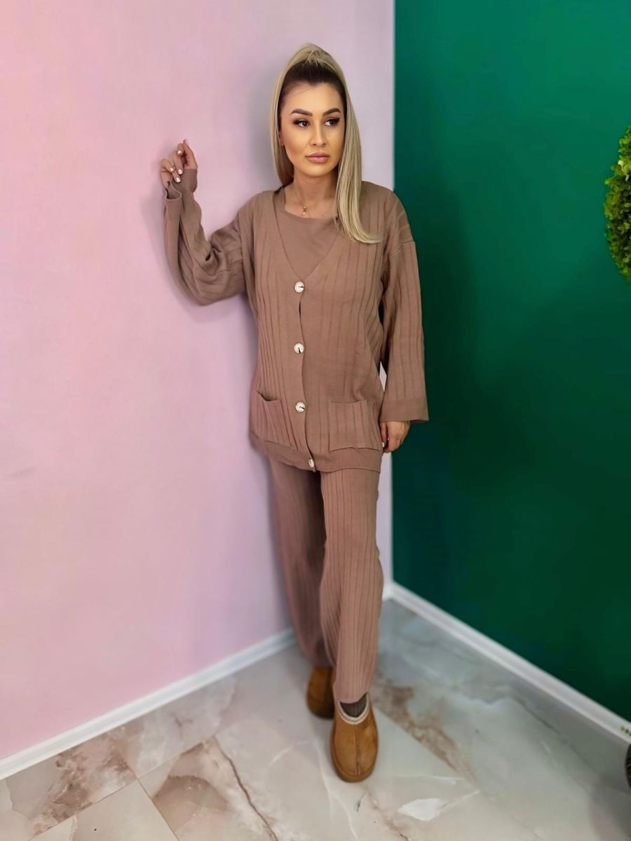 Compleu Tricot Femei Engross, Trei Piese, Nasturi, Roz Pudra, MN-5687