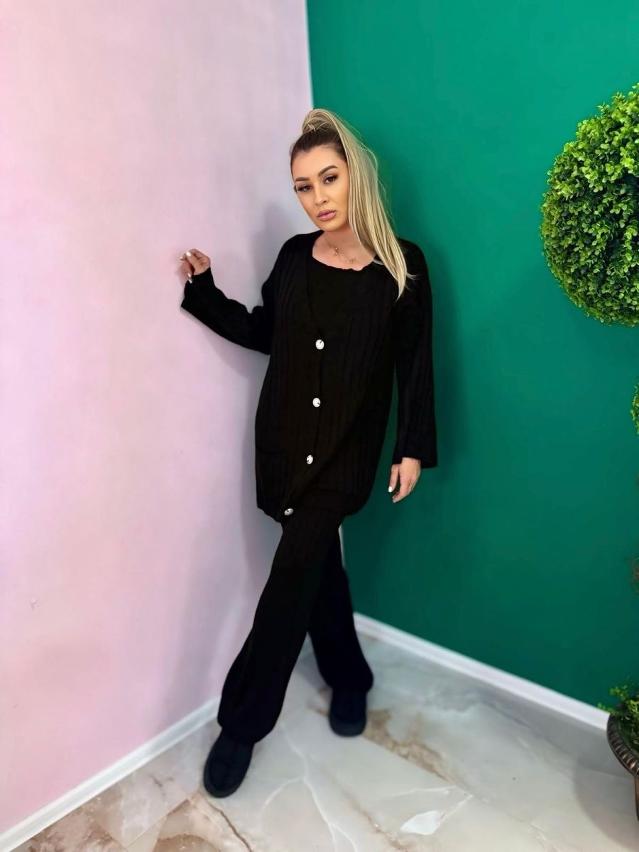 Compleu Tricot Femei Engross, Trei Piese, Nasturi, Negru, MN-5683