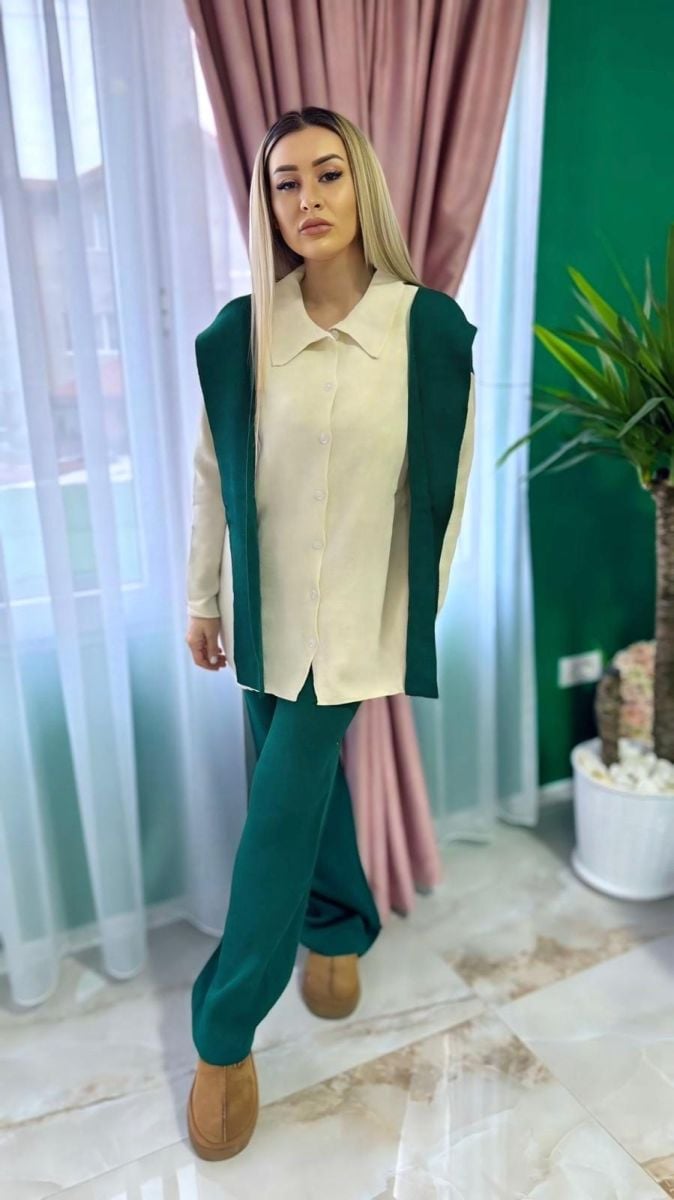 Compleu Tricot Femei Engross, Doua Piese, Maneci, Verde/Alb, MN-5610