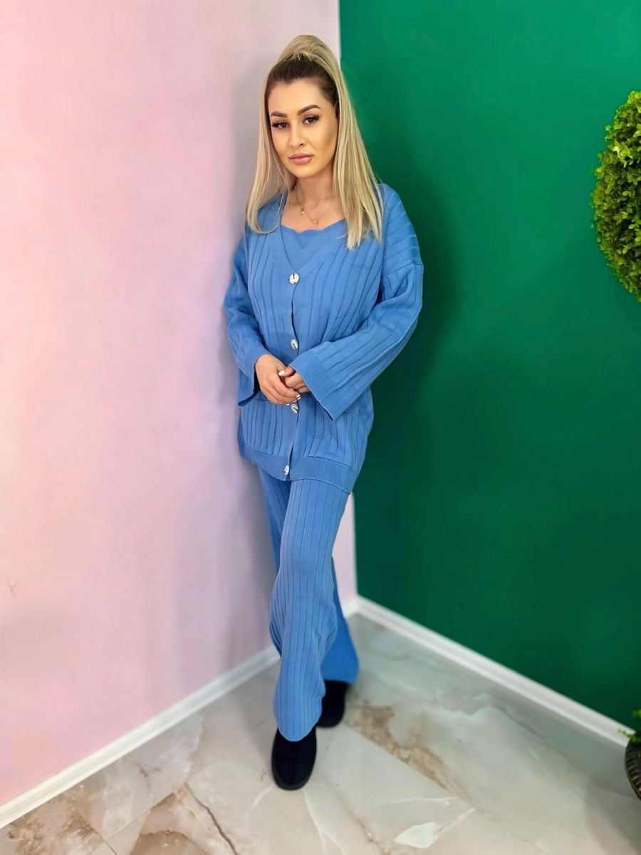 Compleu Tricot Femei Engross, Trei Piese, Nasturi, Bleu, MN-5684
