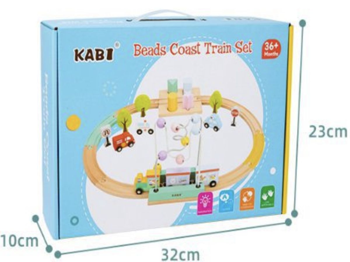 Set Trenuleț din Lemn pe Șine – Beads Coast Train Set, Joc Educativ cu Mărgele și Accesorii, Montessori, En-Gros