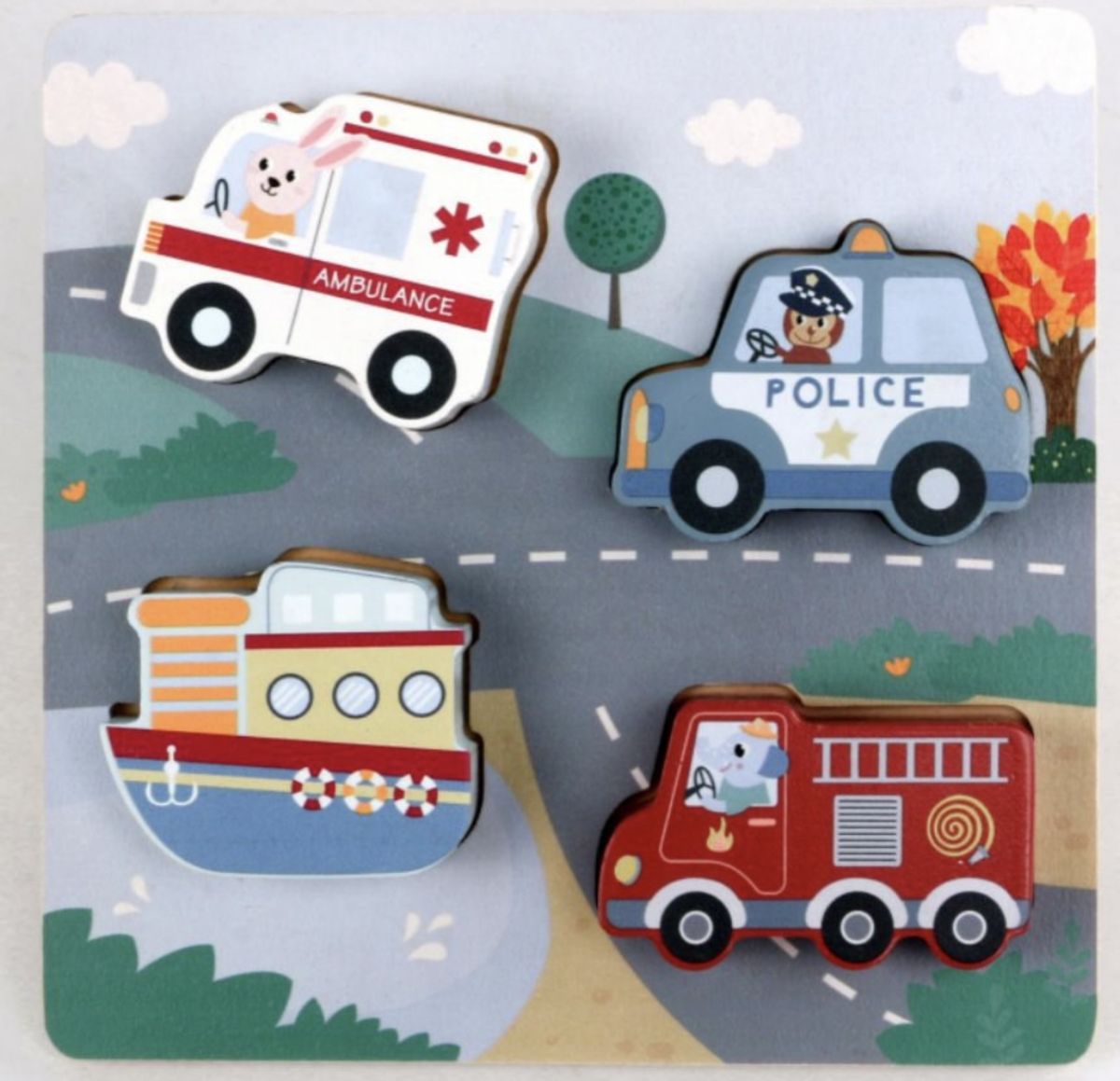 Puzzle din Lemn cu Vehicule – Ambulanță, Poliție, Pompieri și Barcă, Piese Groase 3D, Jucărie Educativă Montessori, En-Gros