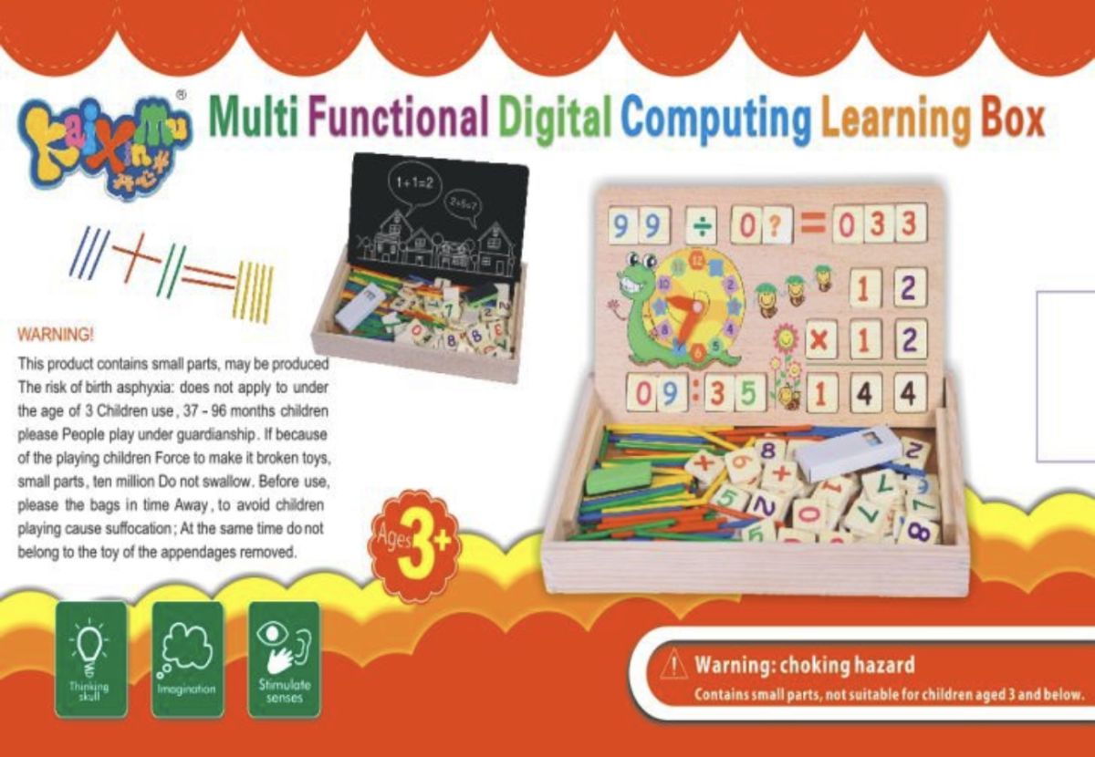 Cutie Educativă Multifuncțională din Lemn pentru Matematică – Numere, Semne, Ceas și Bețe de Numărat, Montessori, En-Gros
