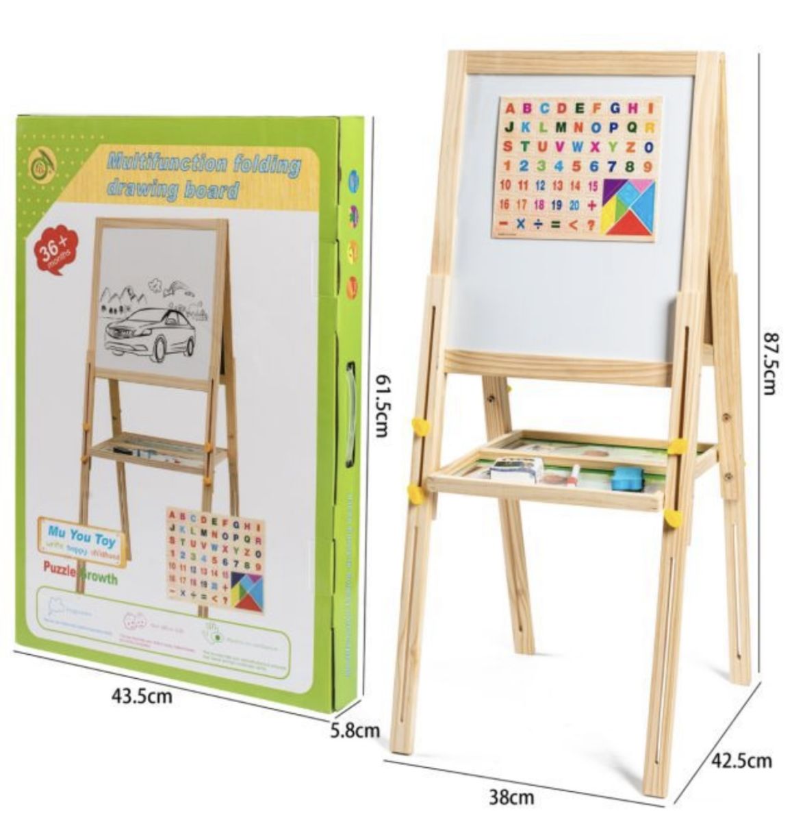 Tablă Educațională Multifuncțională din Lemn cu Două Fețe, Alfabet, Cifre și Tangram – Montessori, 87,5 cm, En-Gros
