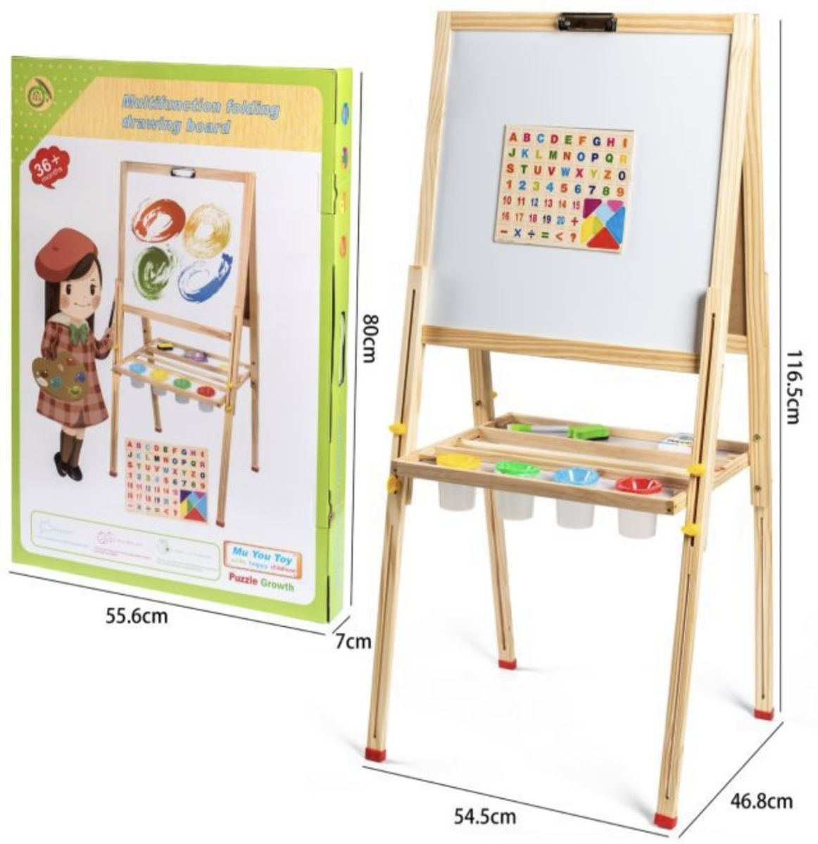 Tablă Educațională Mare din Lemn 2 în 1 cu Accesorii, Alfabet, Cifre și Tangram – Magnetică și pentru Cretă, Montessori, 116 cm, En-Gros