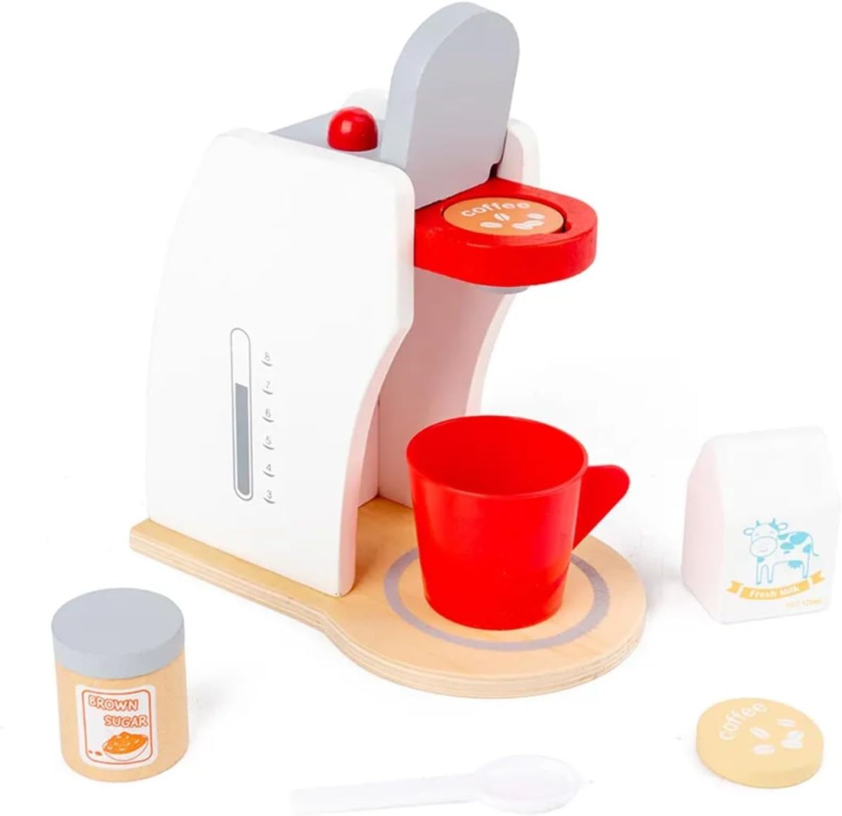 Aparat de Cafea din Lemn cu Accesorii pentru Copii – Set de Joacă Bucătărie, Montessori, En-Gros