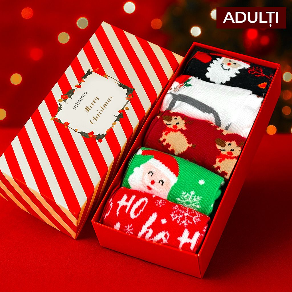 Set 5 Perechi Sosete Craciun pentru Adulti Engross, Cutie inclusa, Bumbac