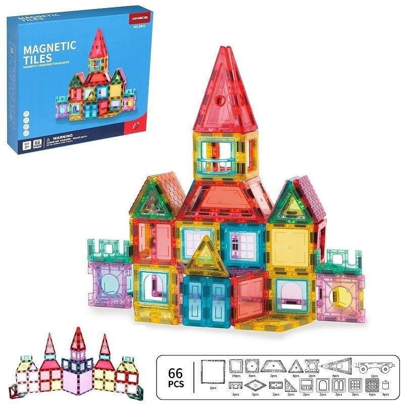 Set magnetic pentru constructii, 66 piese multicolor, plastic transparent, margini magnet Engros