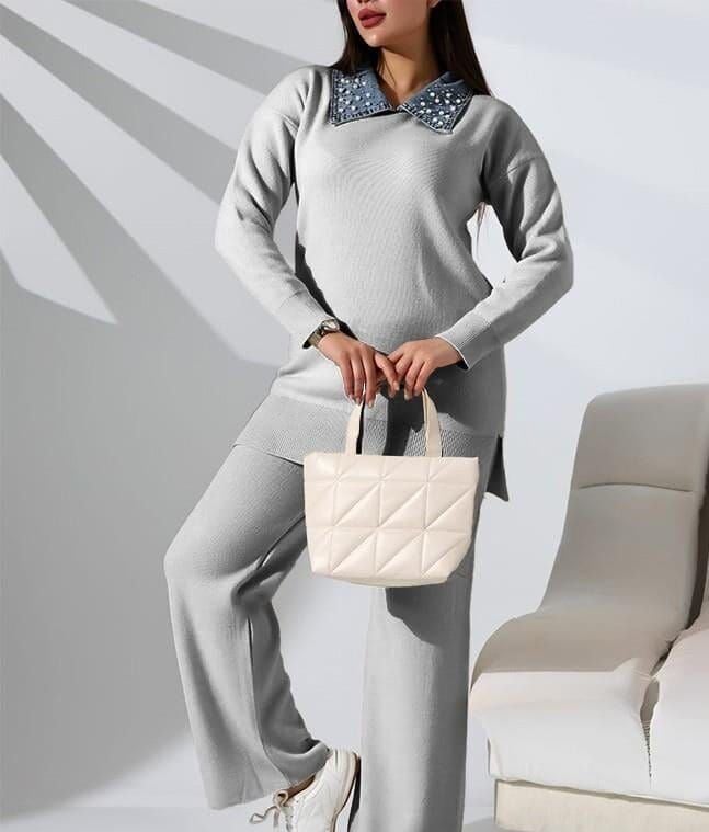 Compleu Tricot Femei Engross, Doua Piese, Over Size, Guler Perle, Gri/Denim, MN-5543