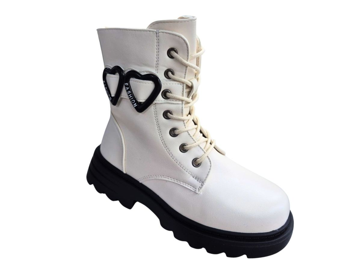 Bocanci Iarna Fetite, Accesoriu Atasat Inimioare, Piele Ecologica, Inchidere fermoar+Siret, Imblaniti, Blana Sintetica Moale, Engross, Marimi 32-37, 8buc/bax alb