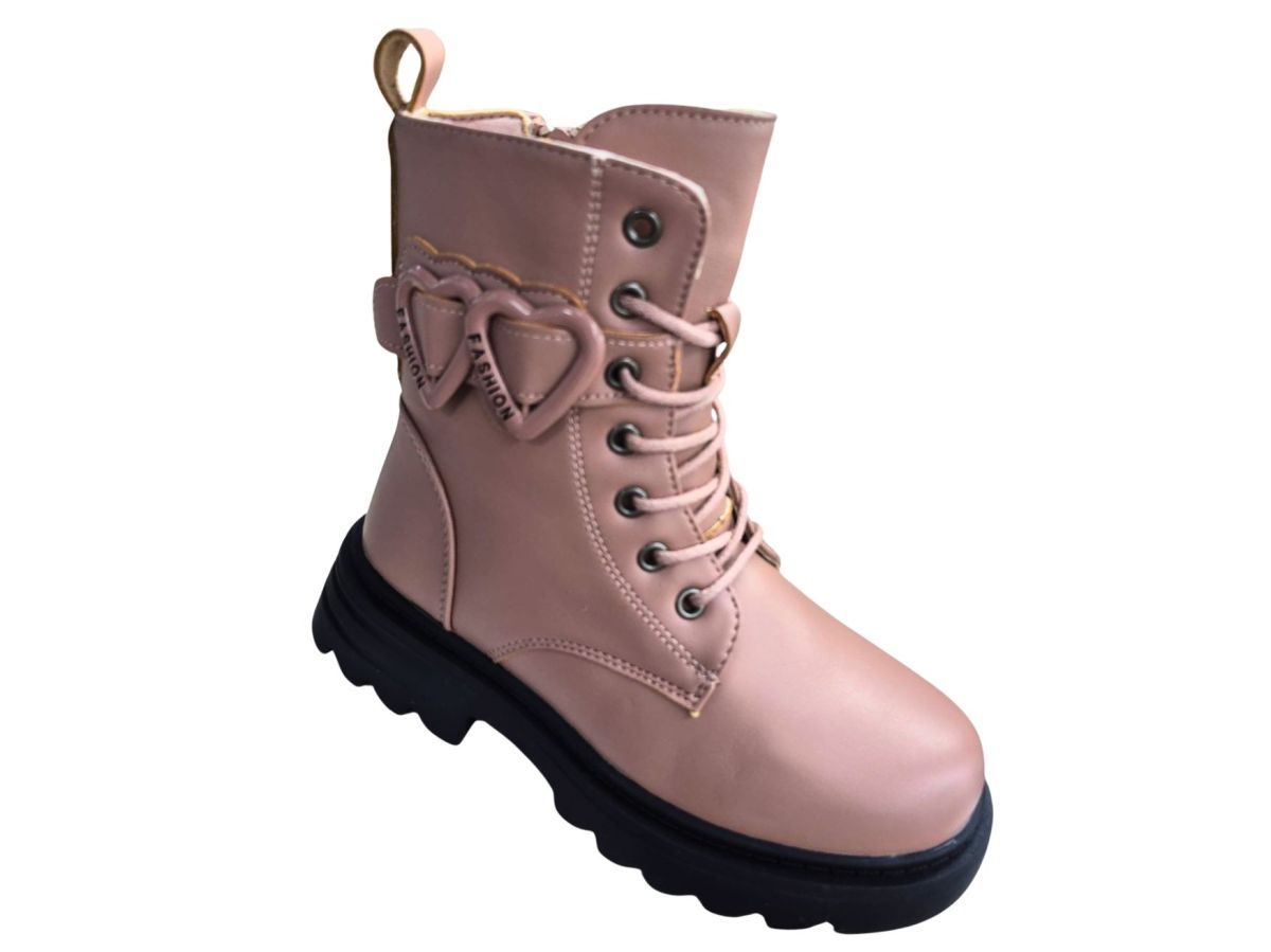 Bocanci Iarna Fetite, Accesoriu Atasat Inimioare, Piele Ecologica, Inchidere fermoar+Siret, Imblaniti, Blana Sintetica Moale, Engross, Marimi 32-37, 8buc/bax roz pudra