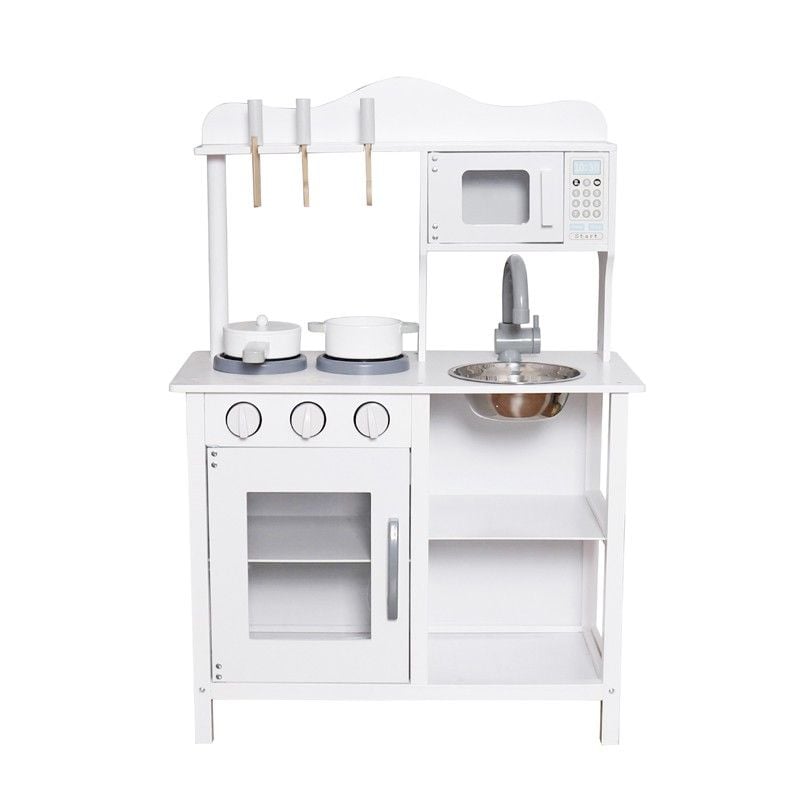 Bucatarie din lemn si MDF pentru copii, cuptor cu microunde, chiuveta, rafturi, ustentile pentru gatit, 60x30x85 cm, alba Engros