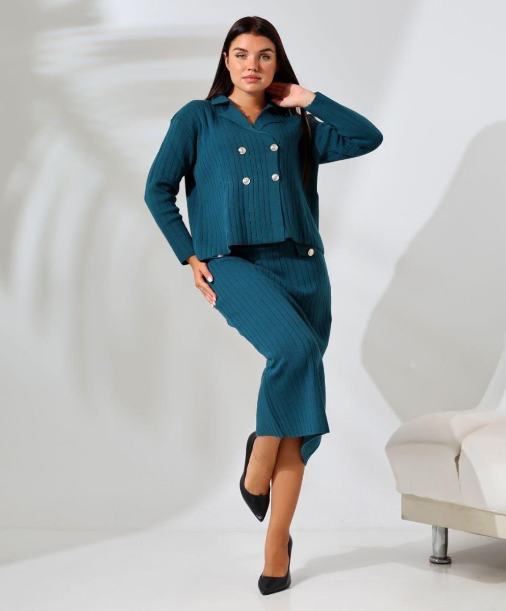 Compleu Tricot Femei Engross, Doua Piese, Fusta, Nasturi, Verde, MN-5590