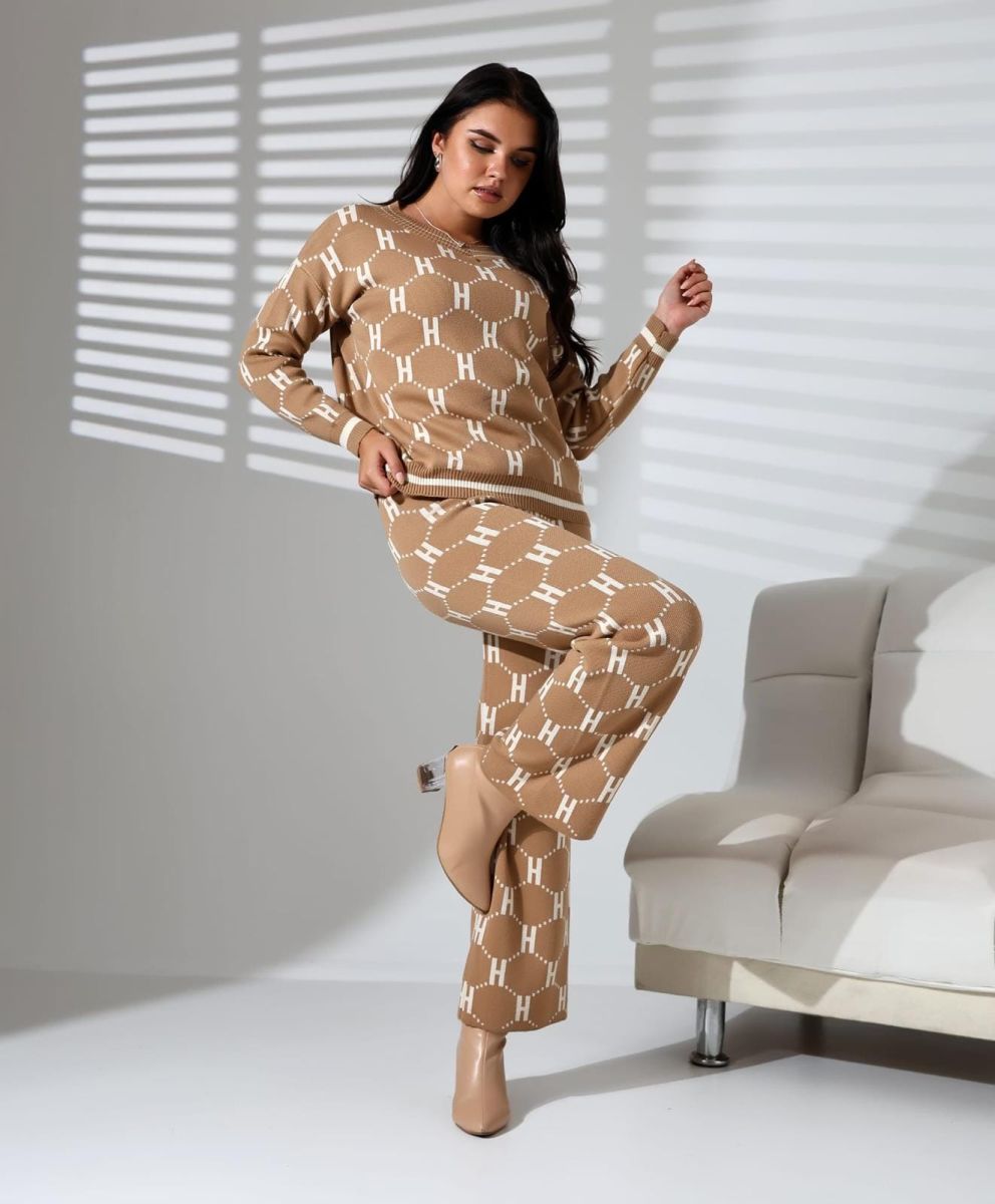 Compleu Tricot Femei Engross, Doua Piese, Guler V, Maro Deschis, MN-5582