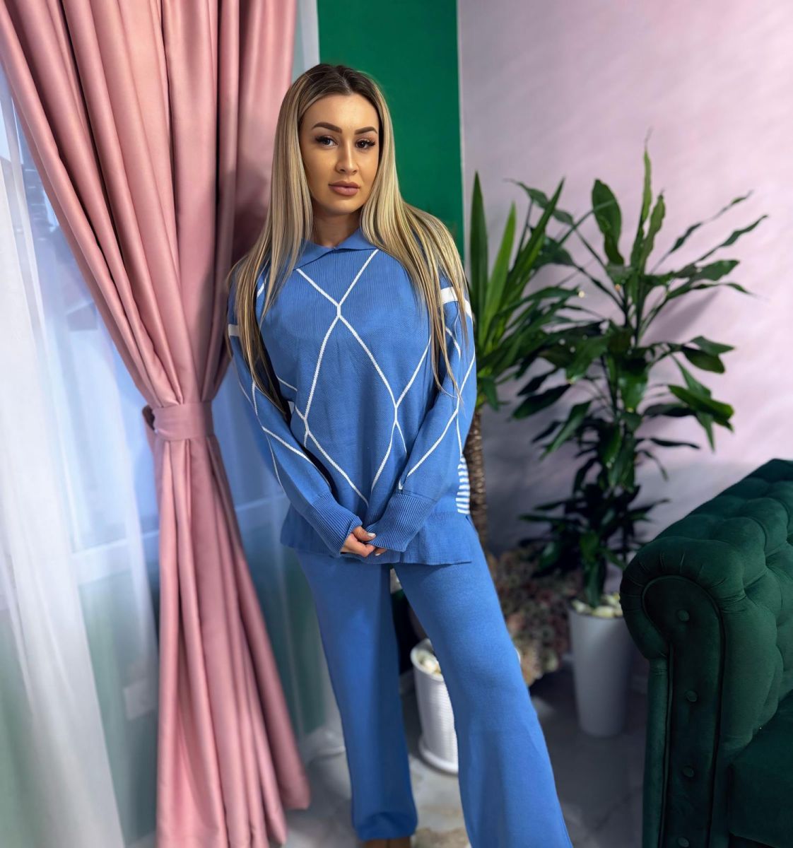 Compleu Tricot Femei Engross, Doua Piese, Insertii, Bleu, MN-5604