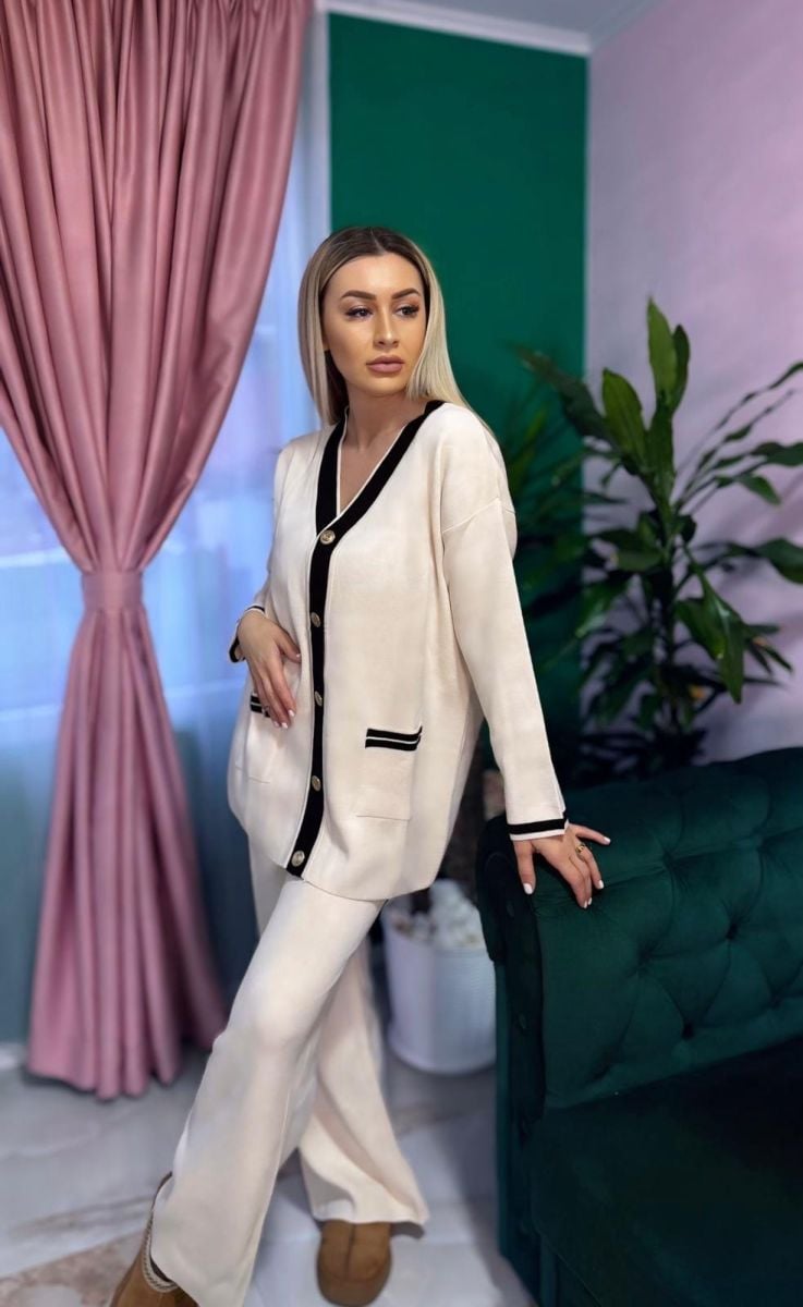 Compleu Tricot Femei Engross, Doua Piese, Nasturi Clasic, Alb Ivory, MN-5598