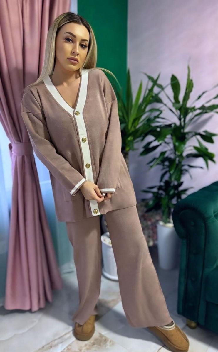 Compleu Tricot Femei Engross, Doua Piese, Nasturi Clasic, Roz Pudra, MN-5597