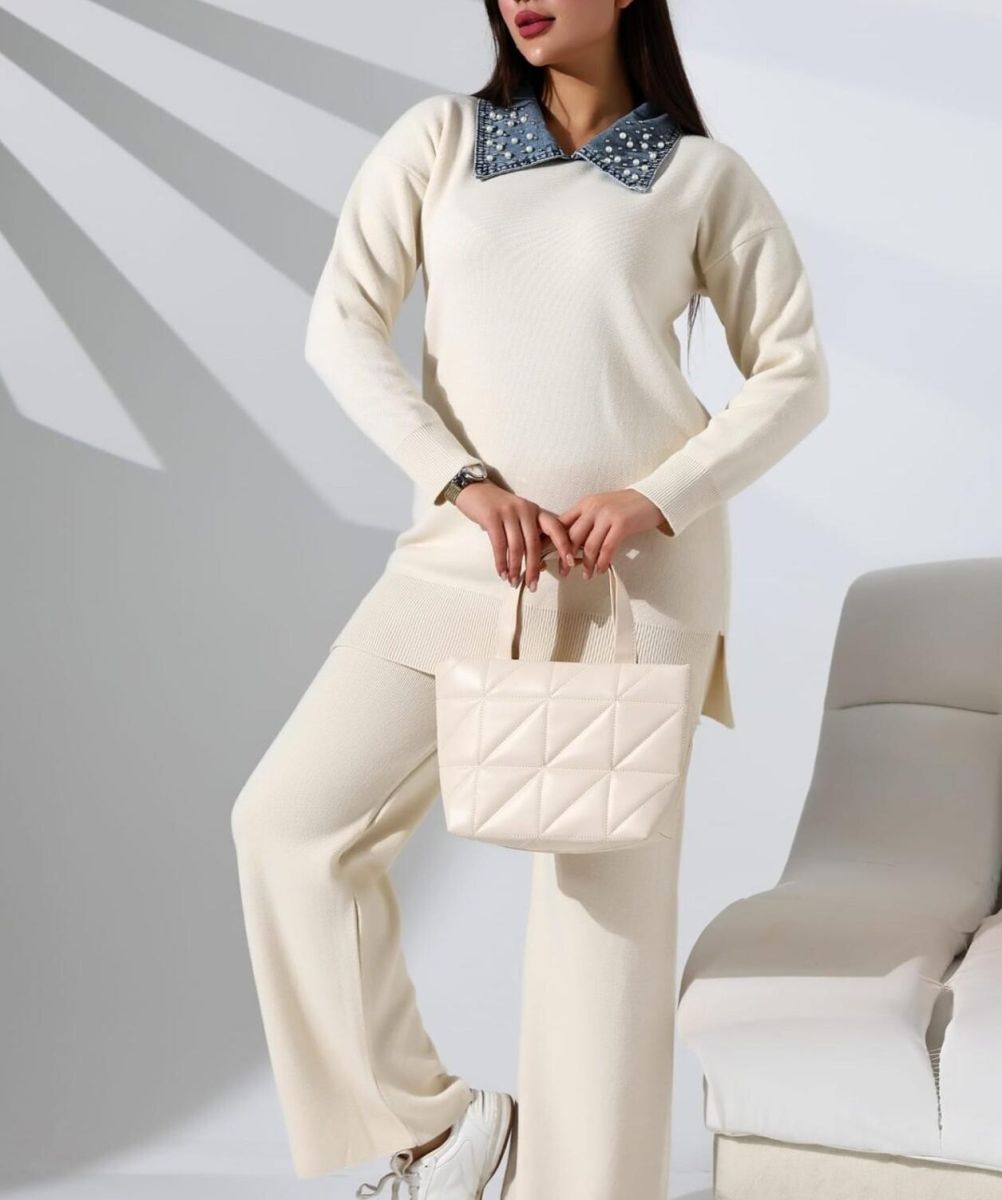 Compleu Tricot Femei Engross, Doua Piese, Over Size, Guler Perle, Ivory/Denim, MN-5541