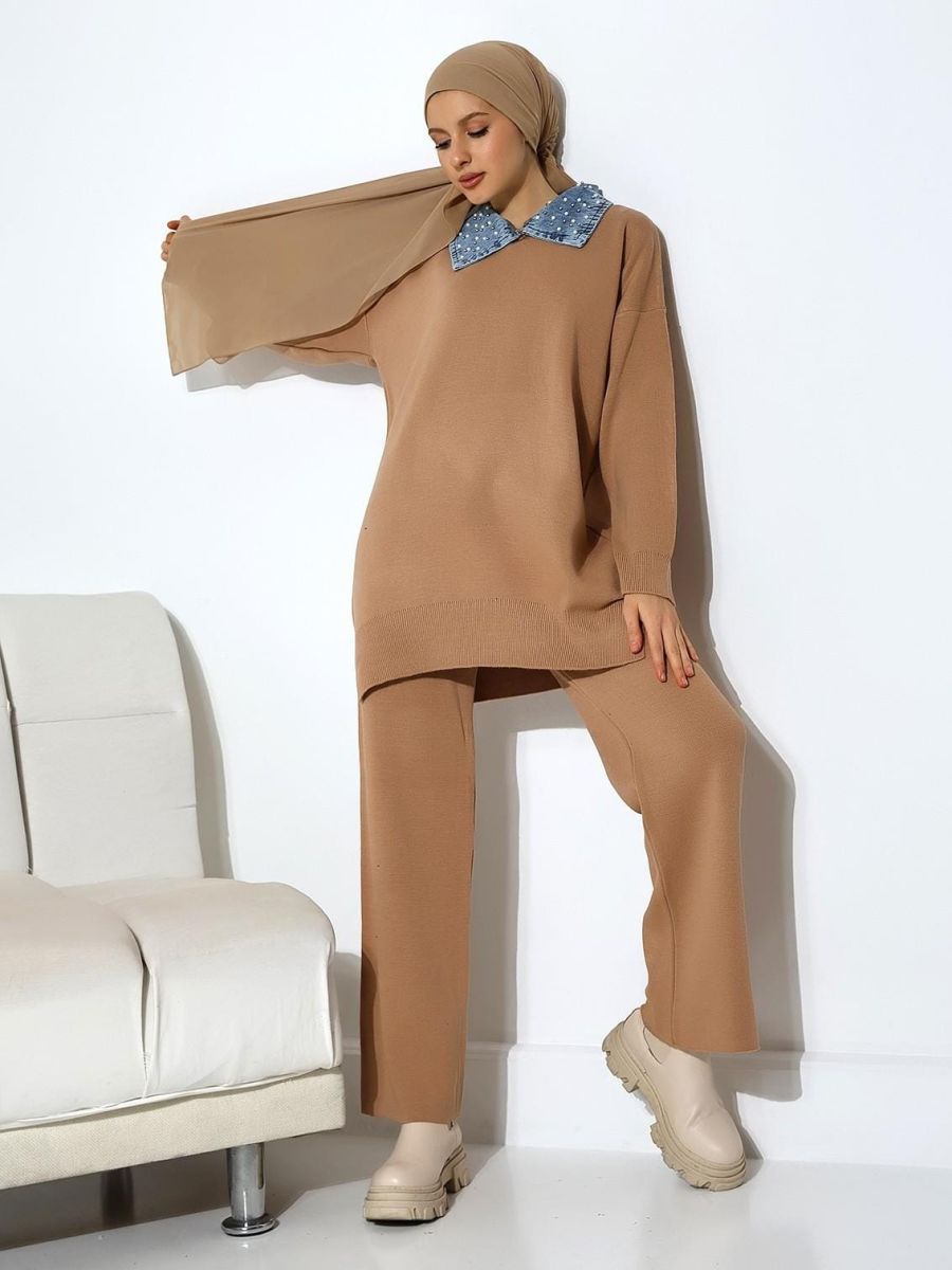 Compleu Tricot Femei Engross, Doua Piese, Over Size, Guler Perle, Maro/Denim, MN-5545