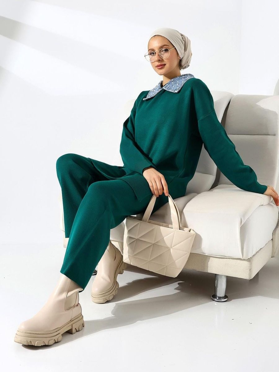 Compleu Tricot Femei Engross, Doua Piese, Over Size, Guler Perle, Verde/Denim, MN-5544