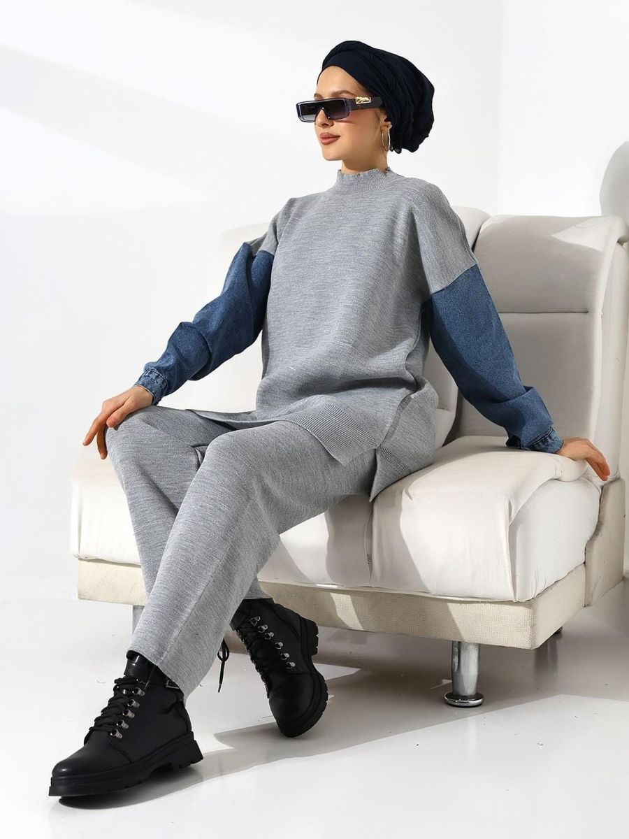 Compleu Tricot Femei Engross, Doua Piese, Over Size, Maneca Denim, Gri, MN-5549