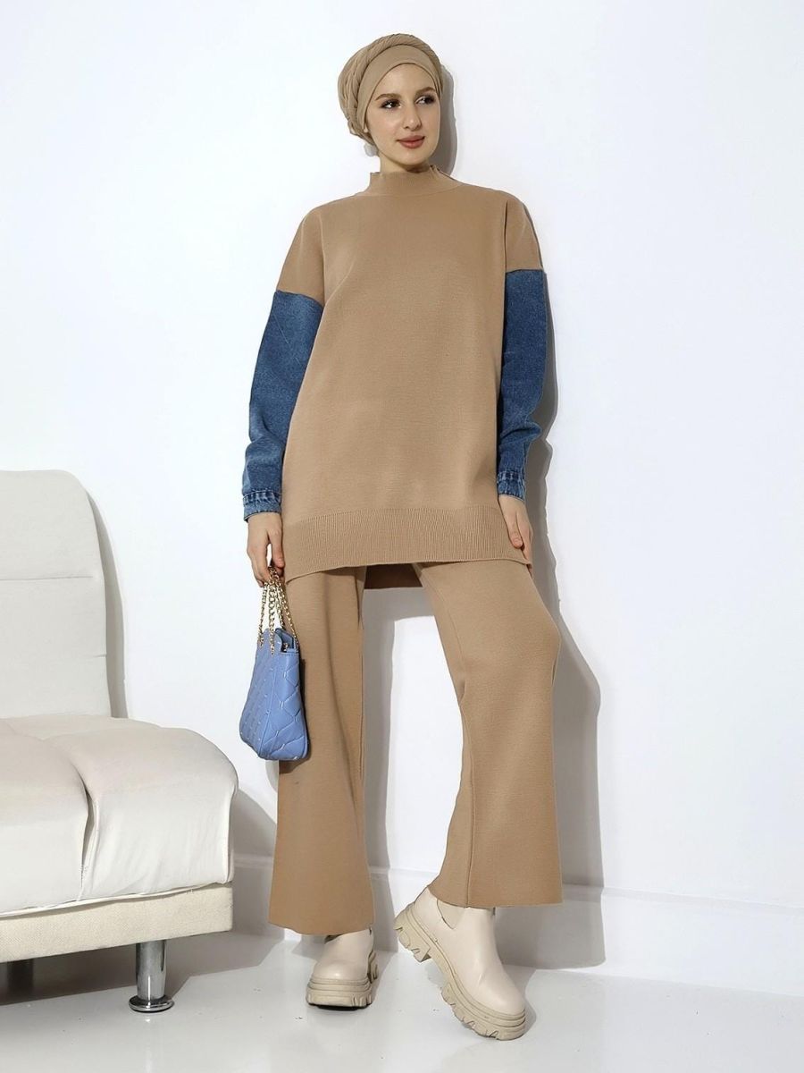 Compleu Tricot Femei Engross, Doua Piese, Over Size, Maneca Denim, Maro, MN-5547