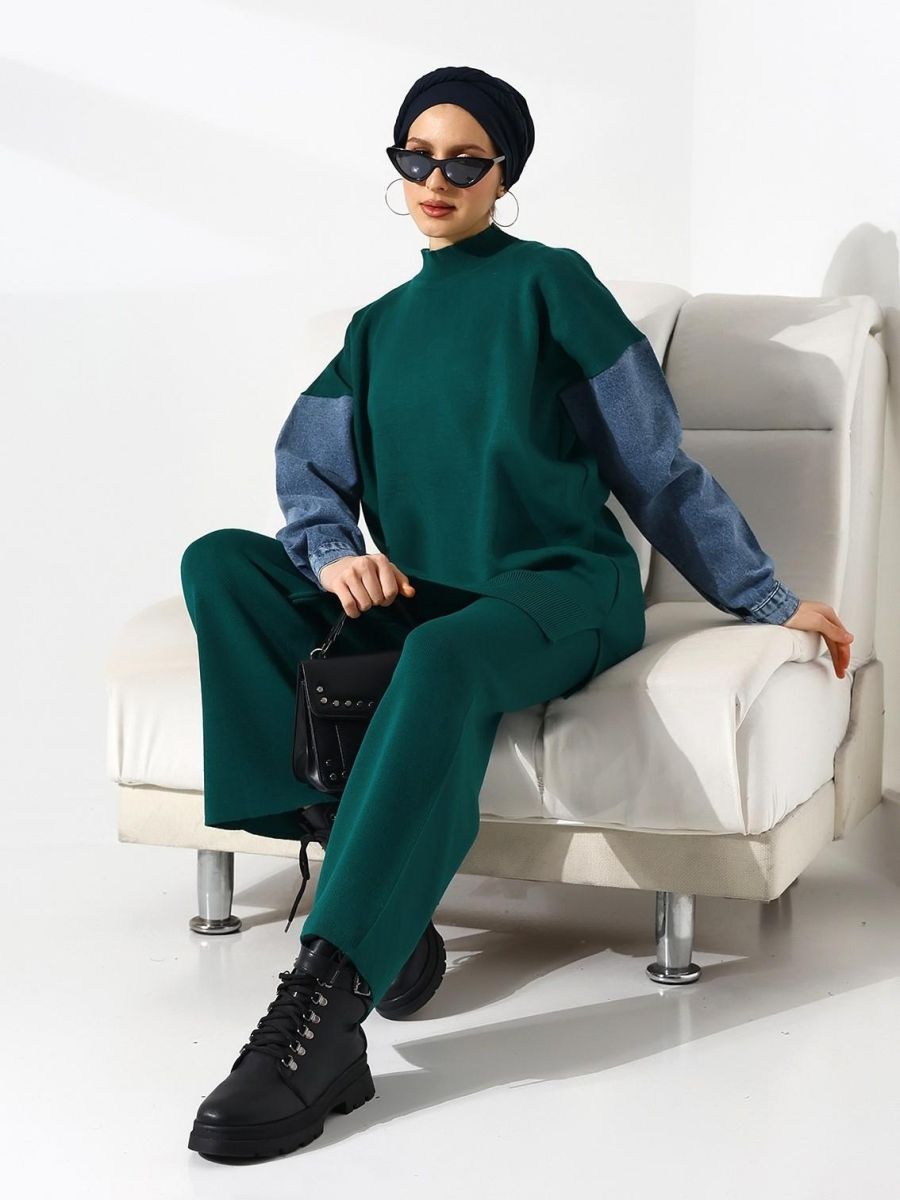 Compleu Tricot Femei Engross, Doua Piese, Over Size, Maneca Denim, Verde, MN-5548