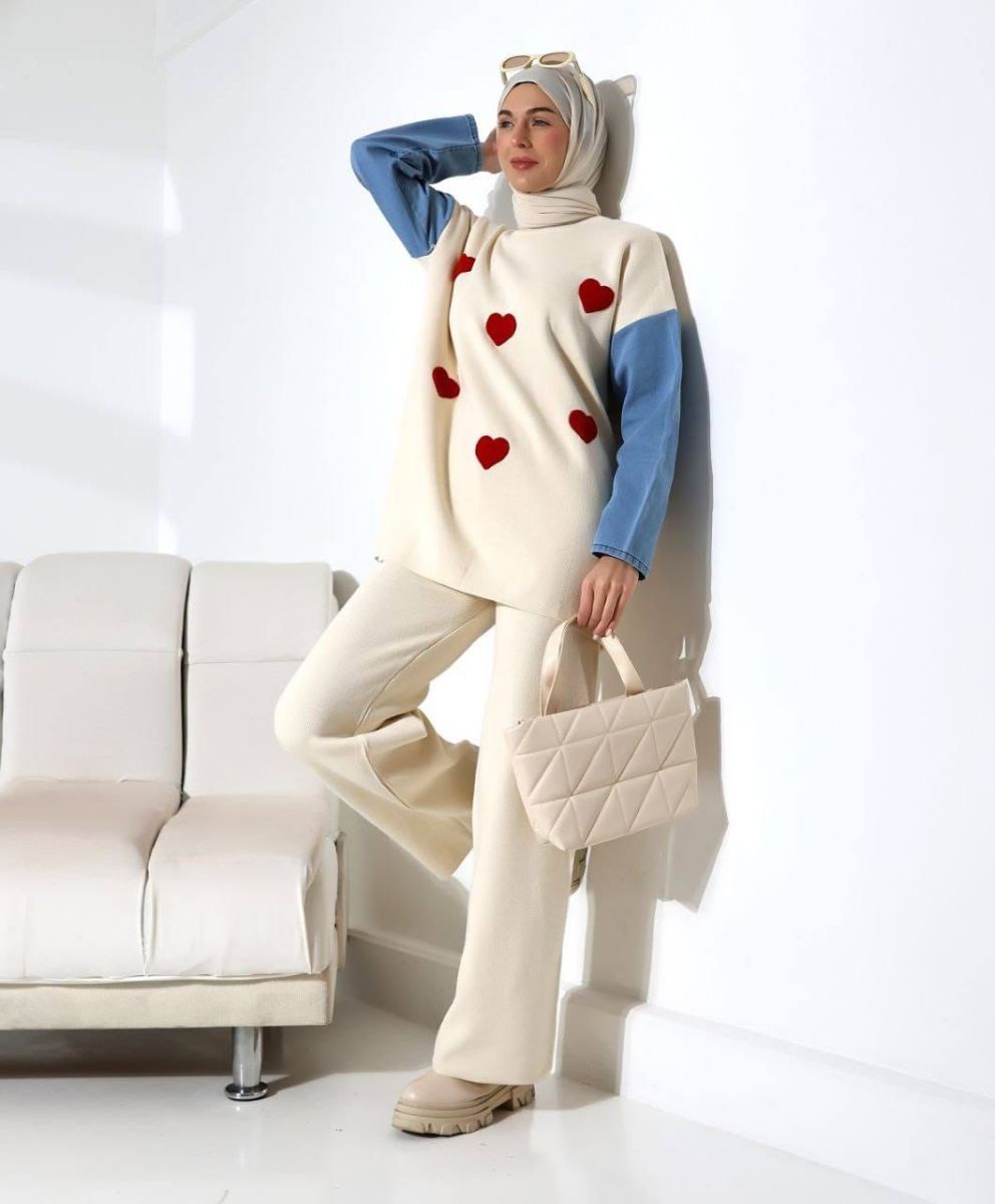 Compleu Tricot Femei Engross, Doua Piese, Over Size, Maneci Denim, Inimi, Alb Ivory, MN-5586
